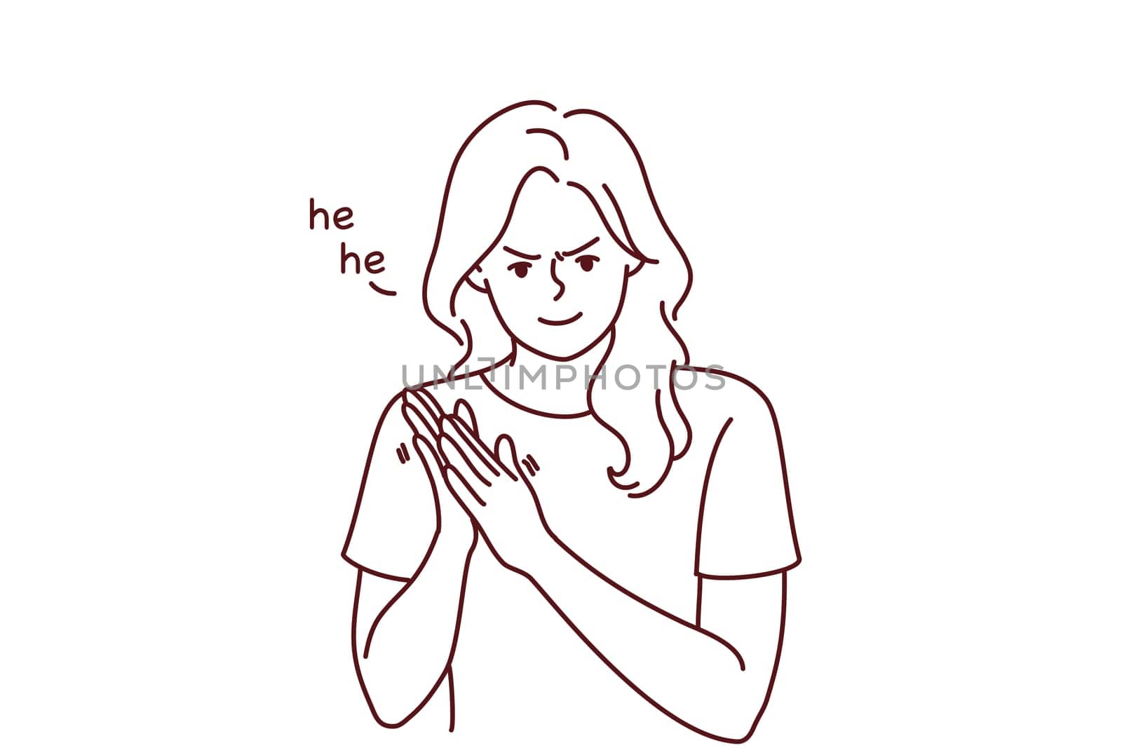 Mad young woman feeling suspicious thinking of revenge. Angry female feel jealous and revengeful. Evil and punishment. Vector illustration.