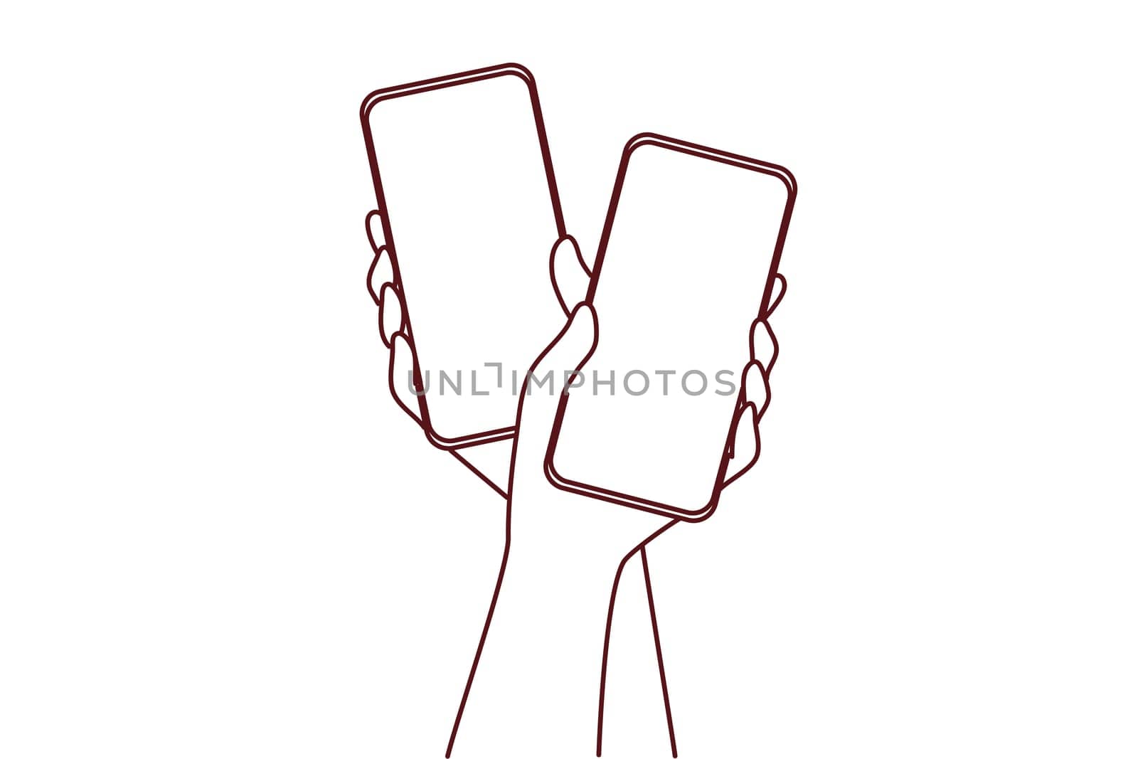 Close-up of couple hands holding cellphones with mockup screens texting online on gadgets. Man and woman with smartphones and internet communication. Vector illustration.