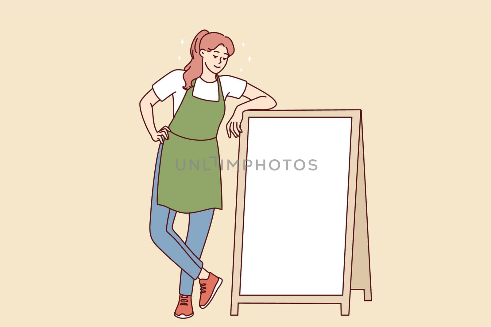 Smiling female waiter in apron standing near mockup cafe advertising board. Happy waitress show good deal on placard. Copy space. Vector illustration.