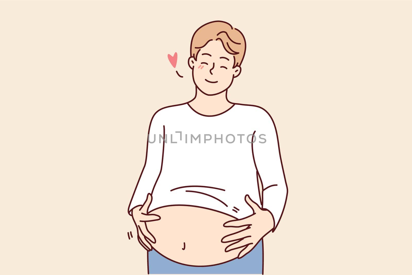Happy fat man holding big belly feeling body positive. Smiling overweight guy with huge stomach with self-acceptance. Vector illustration.