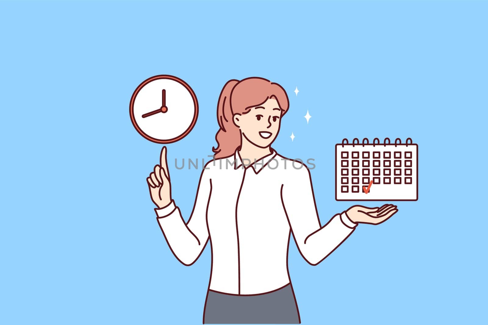 Smiling businesswoman hold finished schedule point at clock. Happy woman employee with good time management skills finish tasks on plan. Vector illustration.
