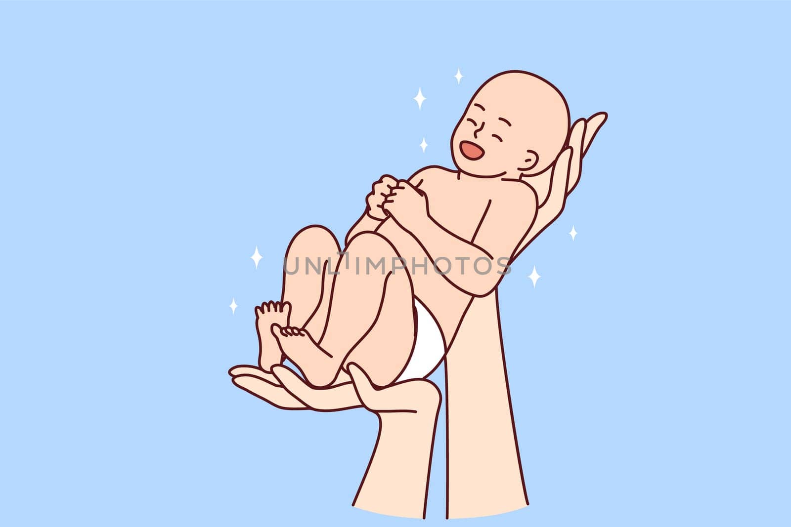 Close-up of hands holding smiling cute newborn baby. Parent with child infant excited about parenthood. Childbirth concept. Vector illustration.