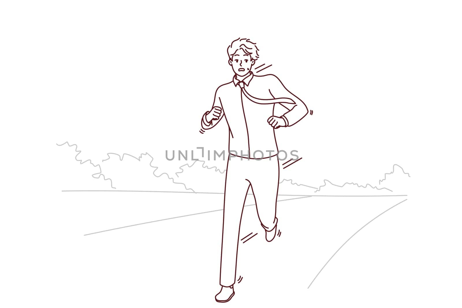 Stressed businessman running on road worried about meeting deadline. Anxious man feel in rush hurry or being late. Vector illustration.