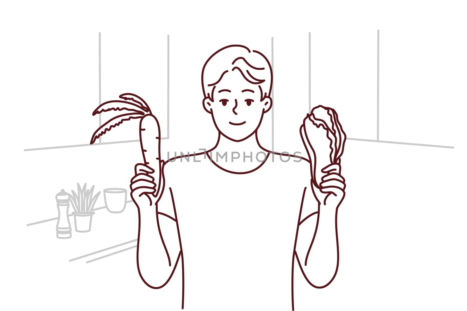 Smiling young man holding fresh organic vegetable follow diet. Happy guy choose natural products cooking in kitchen. Vegetarian concept. Vector illustration.
