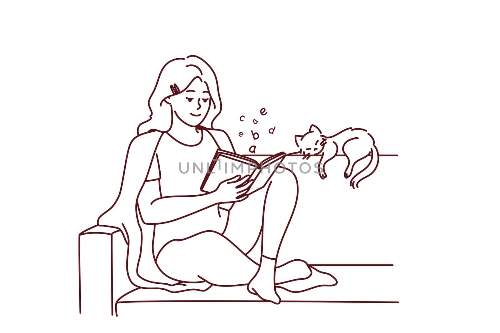 Happy young woman sit on sofa reading book with cat sleeping near. Calm relaxed girl rest on couch with novel enjoy weekend with pet. Vector illustration.