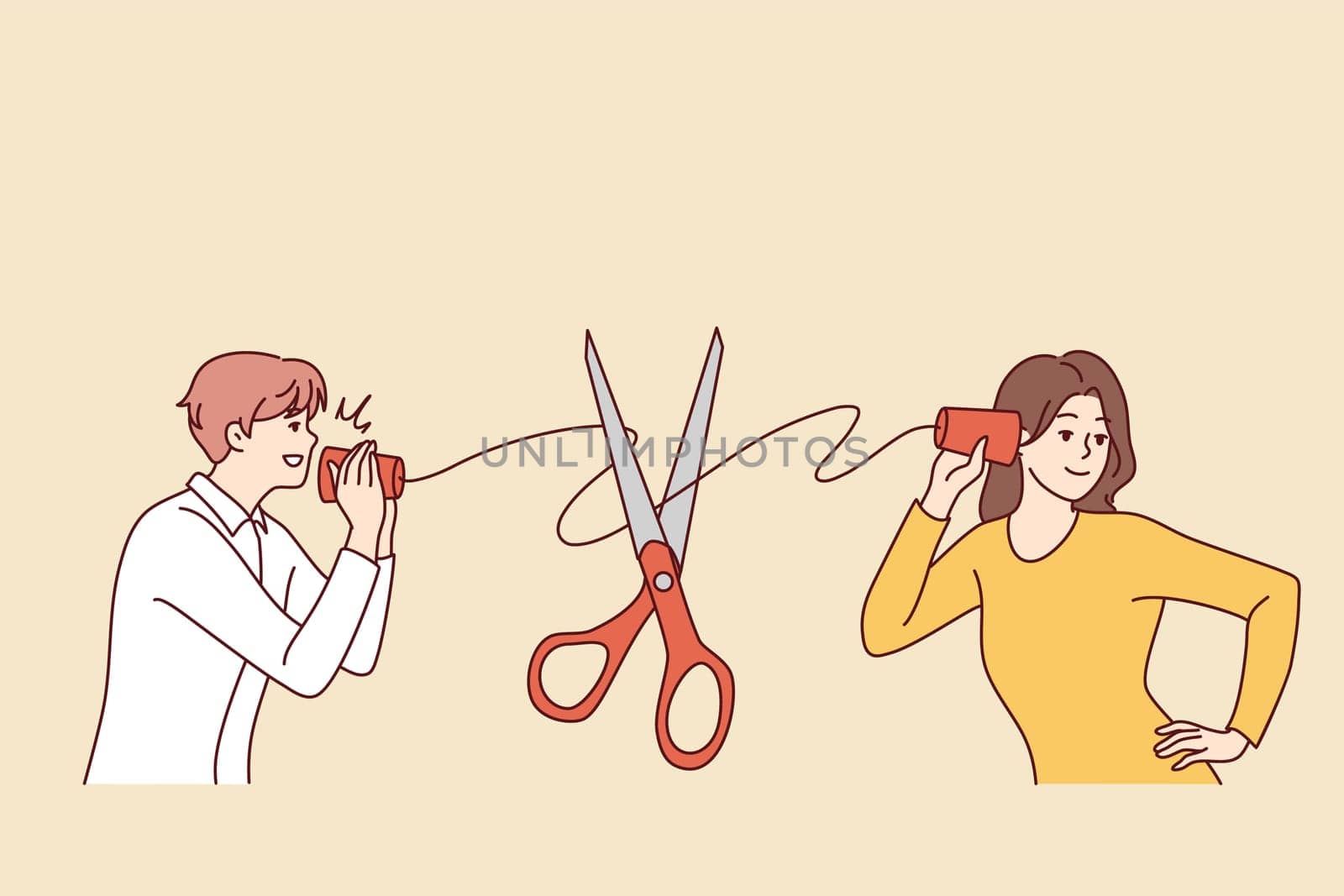 Man and woman with handmade cups hearing device suffer from bad communication. Scissors cut thread connecting couple talking. Vector illustration.