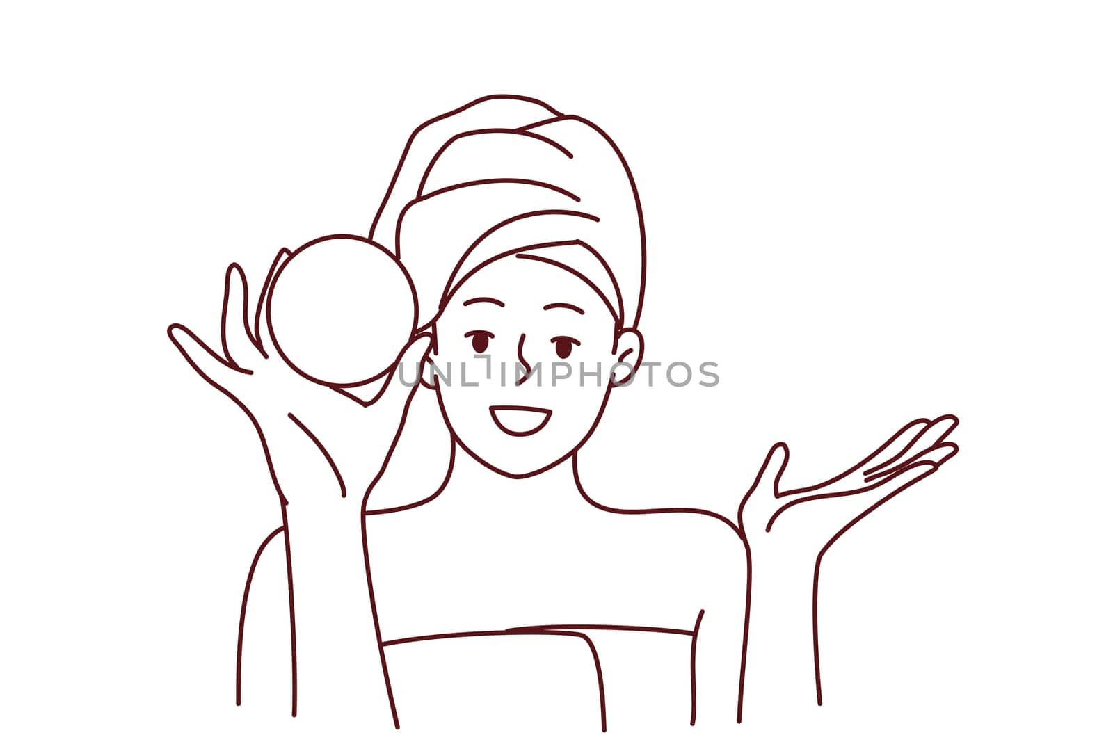 Smiling woman in towel and bathrobe do facial beauty procedures in spa. Happy girl enjoy face skincare procedures at home. Cosmetology concept. Vector illustration.