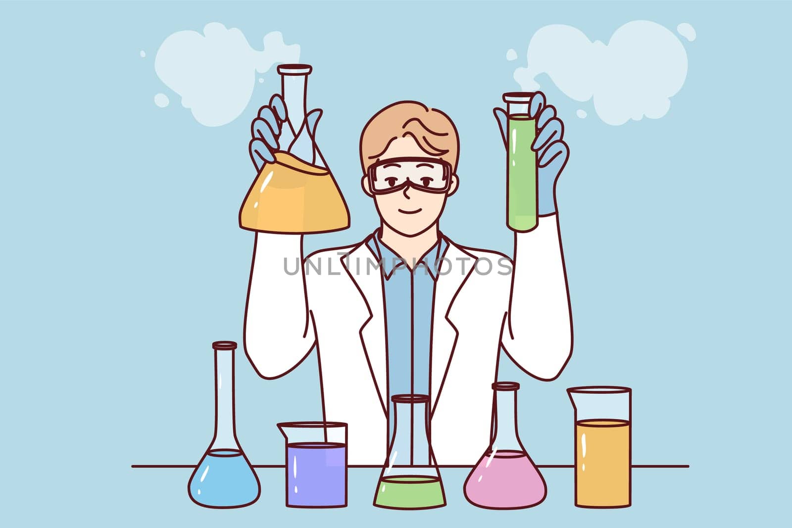 Smiling male researcher in white medical coat make experiments in laboratory. Happy man scientists experiment with tubes in lab. Science. Vector illustration.