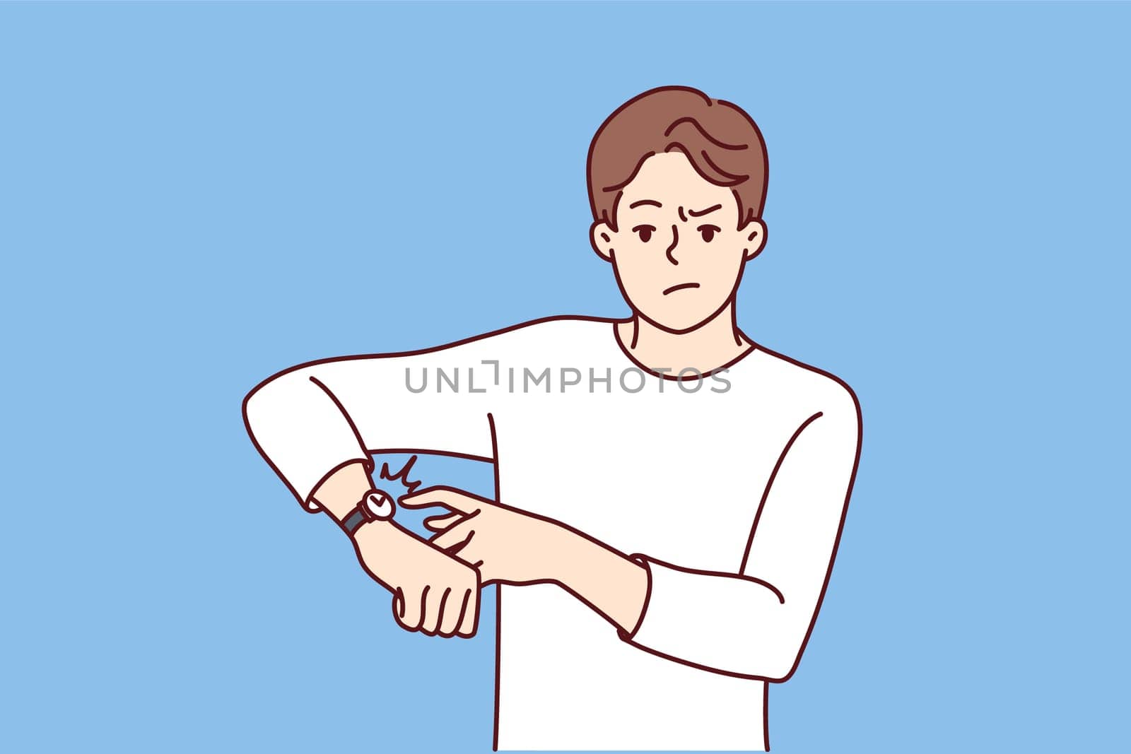 Angry young man point at wristwatch warn about deadline. Mad male notify about missing time showing on clock on wrist. Vector illustration.