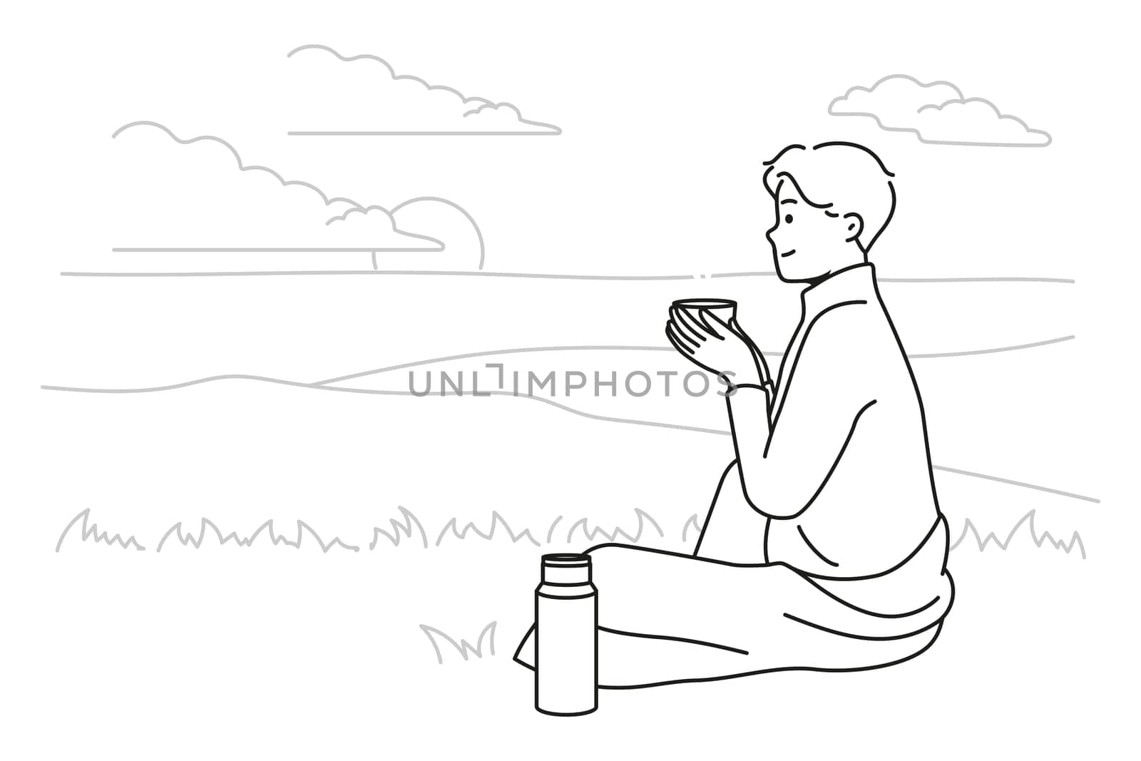 Happy young man sitting in nature drinking tea from thermos. Smiling enjoy warm coffee on hill outdoors. Relaxation concept. Vector illustration.