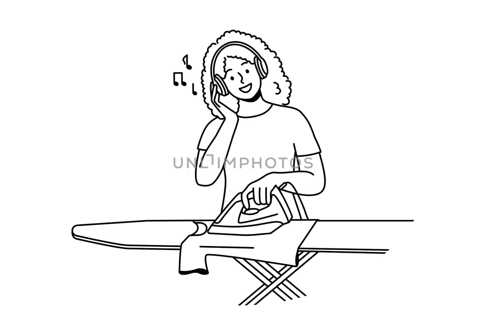 Smiling young woman in headphones ironing clothes at home. Happy African American girl listen to music in earphones do house chores. Vector illustration.