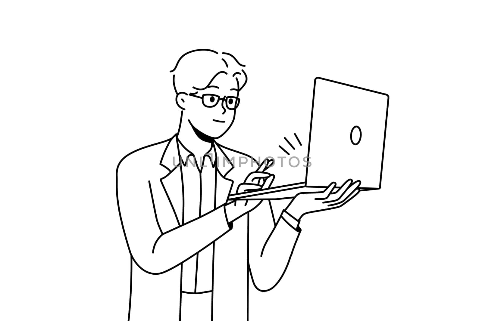 Smiling young man in formal wear working on laptop. Happy businessman busy online on computer. Vector illustration.