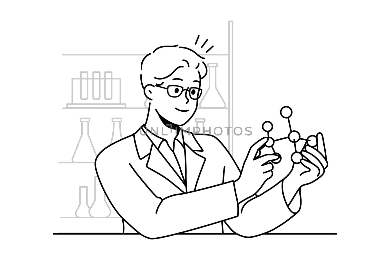 Smiling male scientist working with atom model in laboratory. Happy man researcher in uniform busy in lab. Science and biotechnology. Vector illustration.