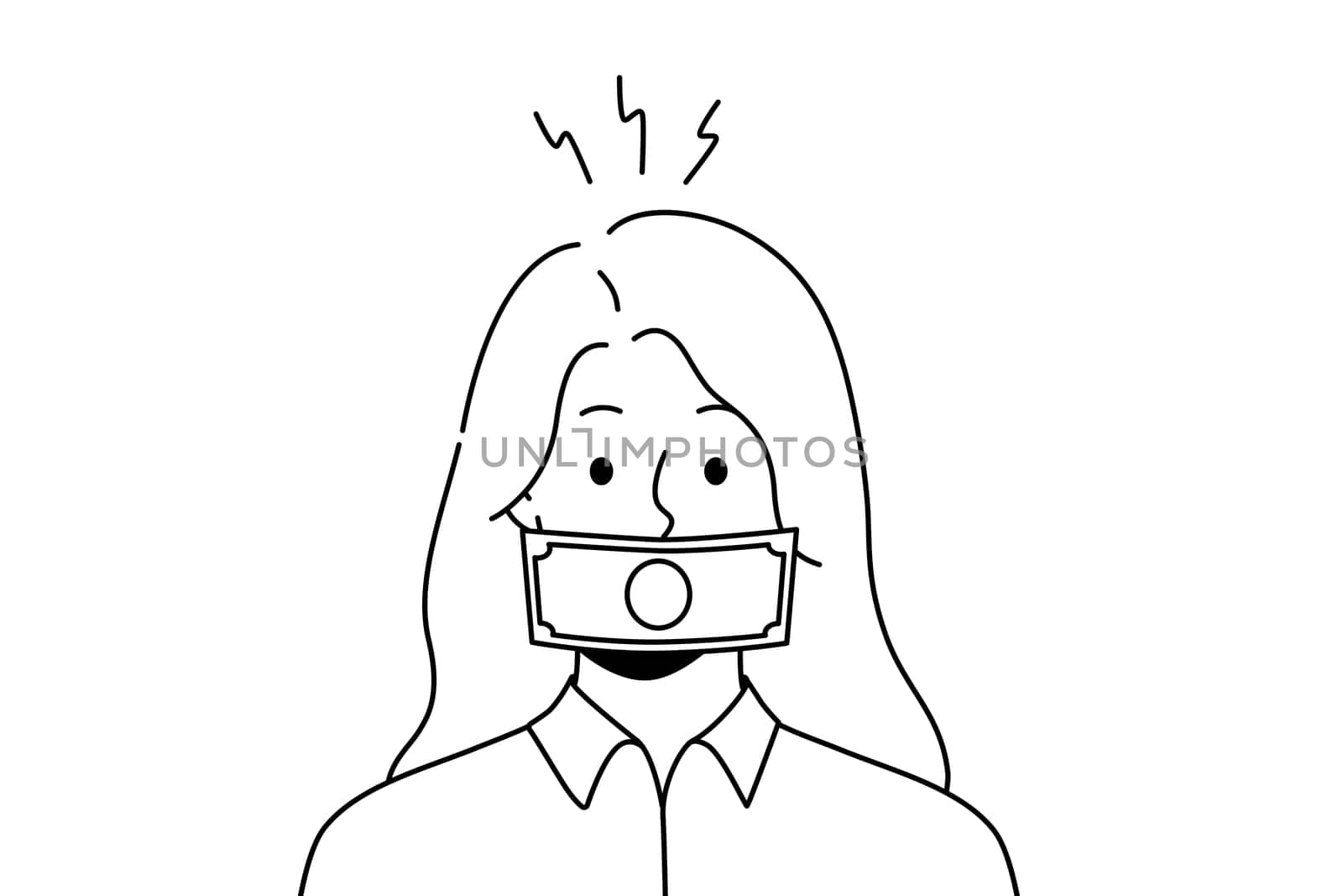 Woman with dollar banknote on mouth get bribe. Female with money covering face engaged in corruption and bribery. Vector illustration.