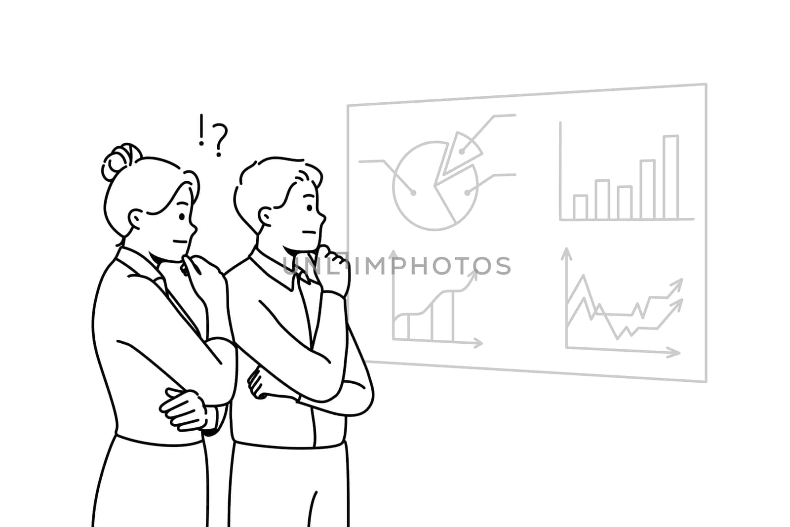 Pensive businesspeople look at board brainstorming on financial ideas. Thoughtful employees cooperate together engaged in team thinking. Teamwork. Vector illustration.