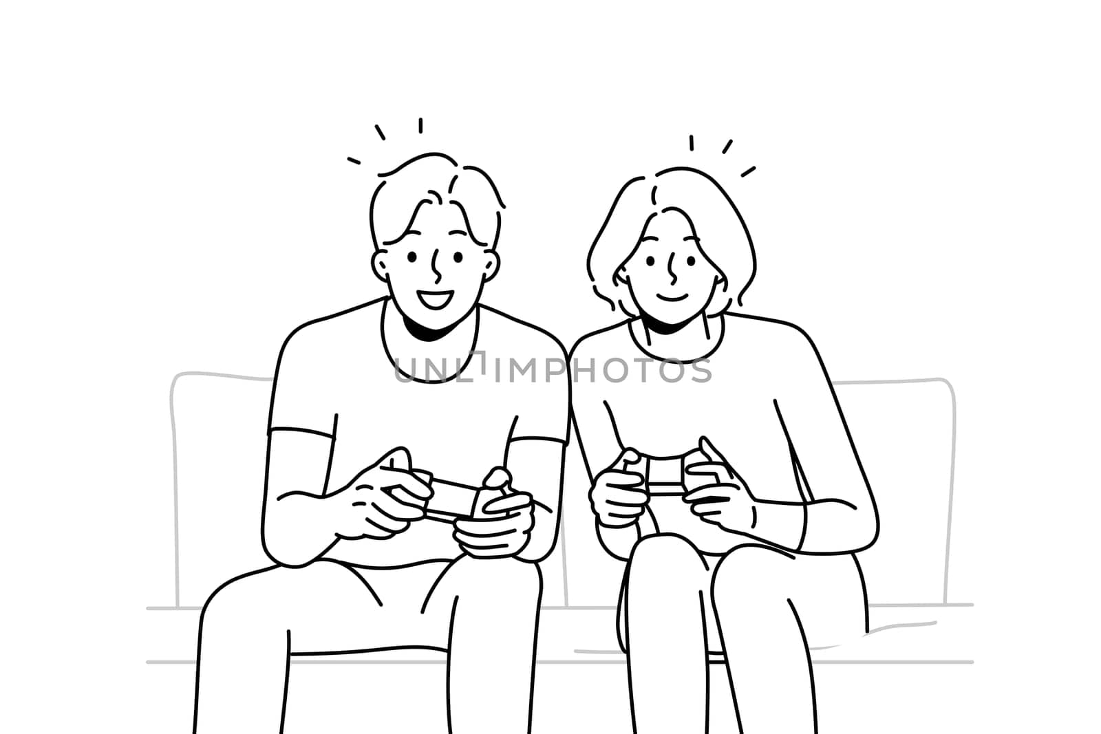 Smiling couple sit on sofa at home playing video game together. Happy man and woman have fun enjoy videogame with controllers. Vector illustration.