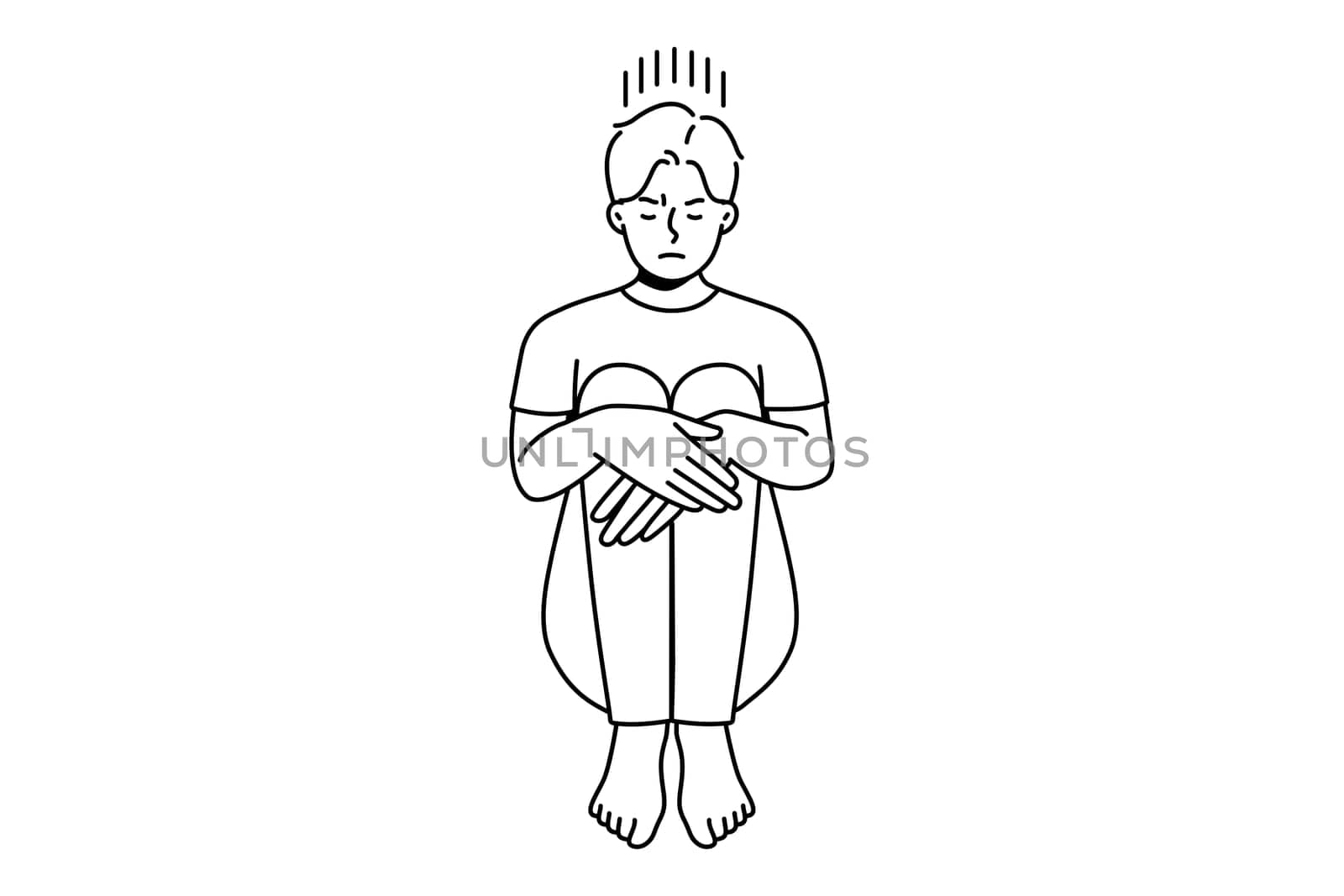 Unhappy young man sitting on floor suffer from loneliness or depression. Upset sad guy struggle from solitude or bad mood. Vector illustration.