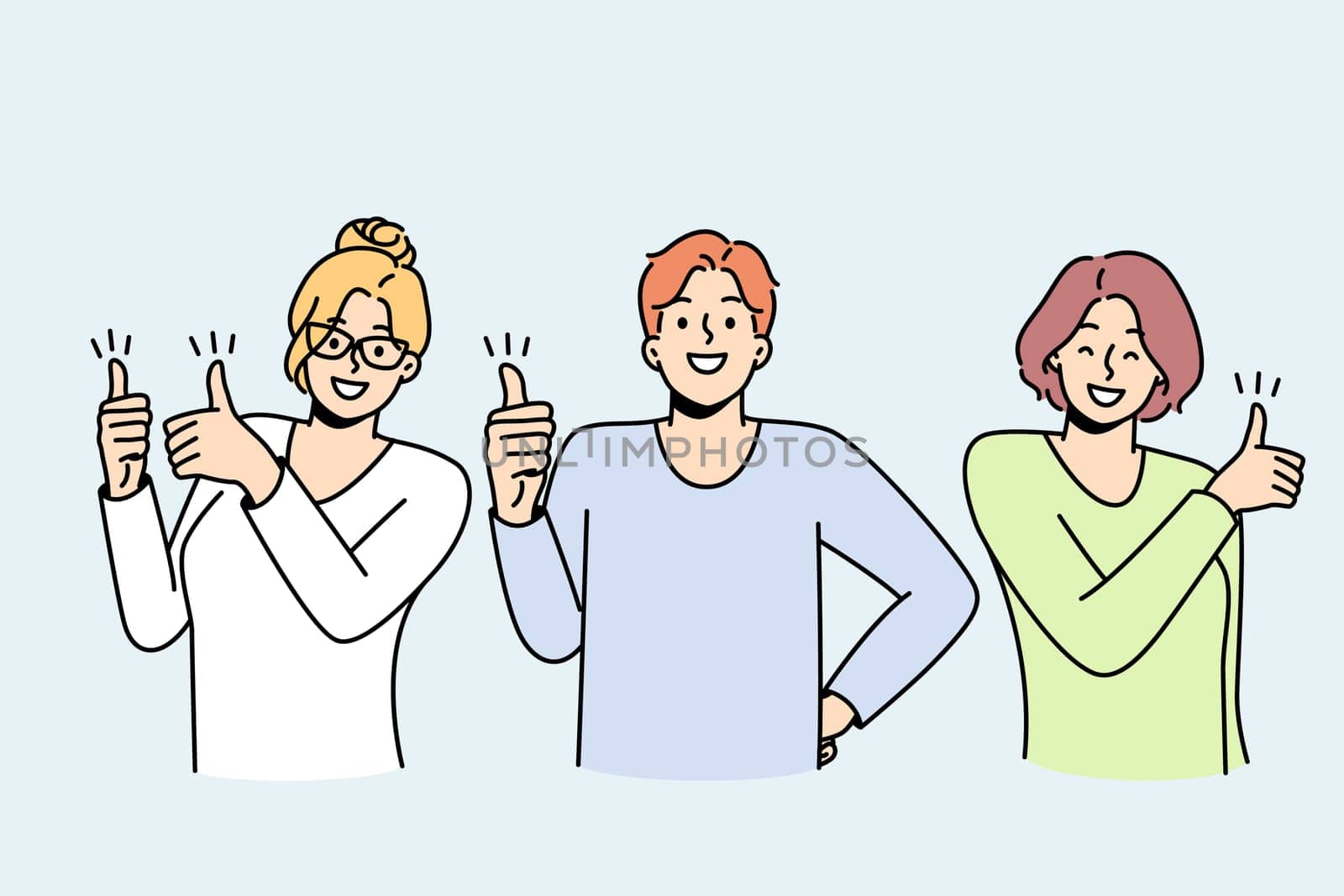 Young man, women show thumbs up hand gesture, smile. Girls, guy demonstrate activity in social networks, media, forums, attract followers, subscribers. Put heart, share post. Likes addiction vector.