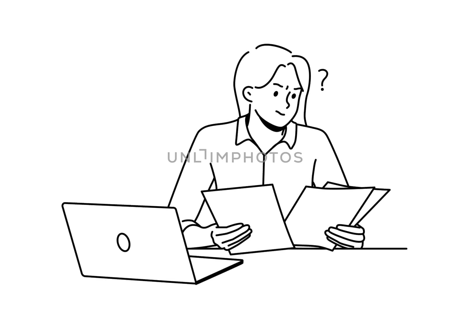 Frustrated woman working with paperwork busy at laptop. Confused female employee consider documents at workplace. Vector illustration.