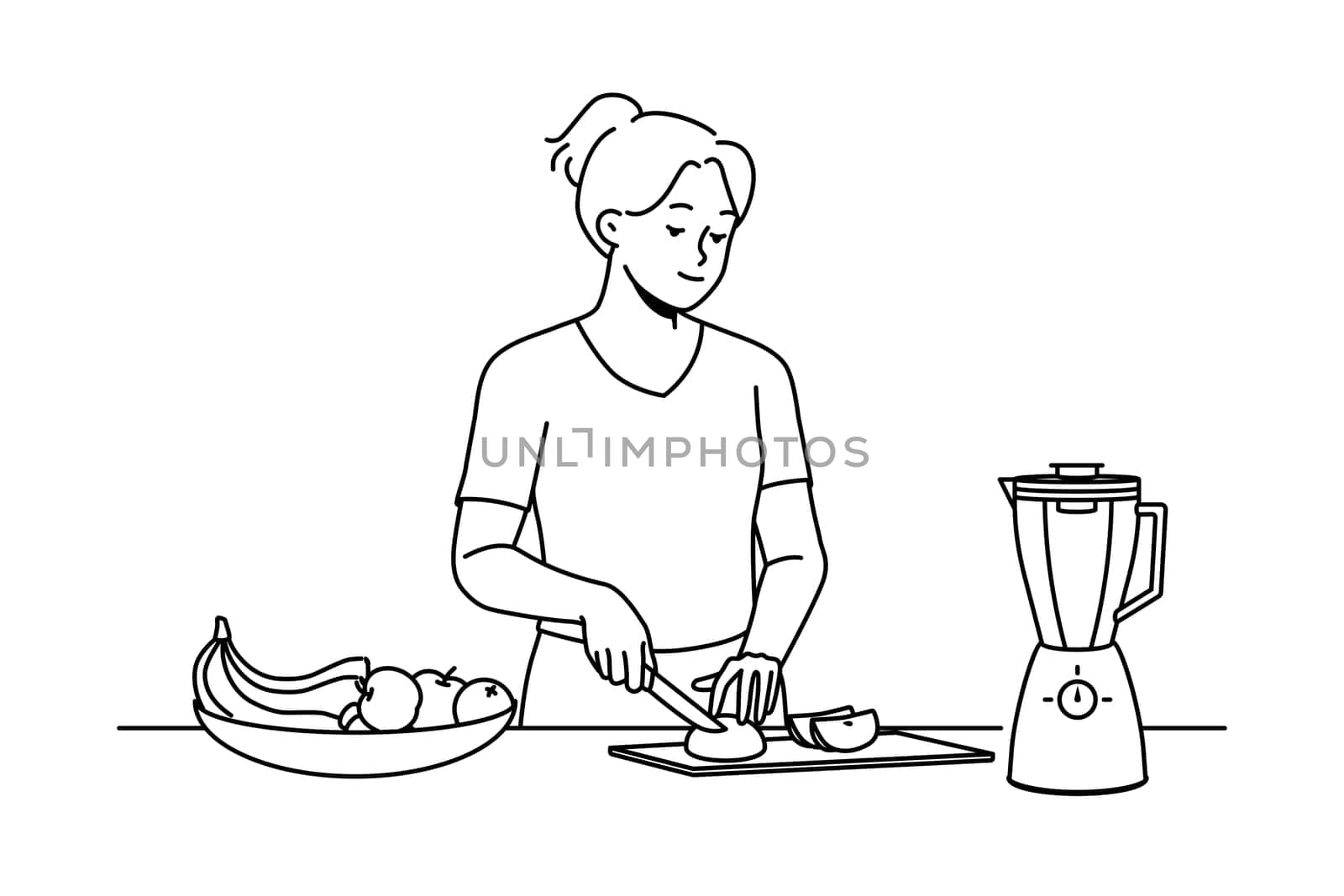 Happy young woman chopping fruits for smoothie. Smiling girl cut fresh fruit in kitchen follow healthy lifestyle. Vector illustration.