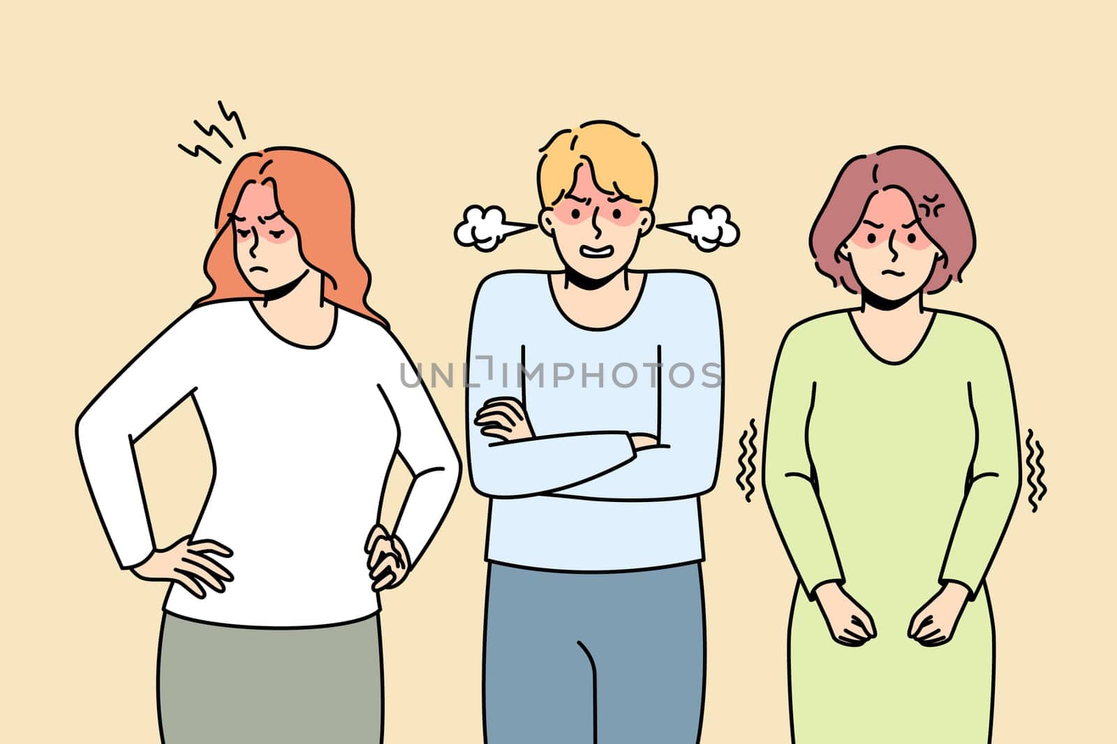 Girls, guy can not agree, come to decision that suits everyone. Man, women are angry to each other. Colleagues are annoyed. Failed negotiations. Vector thin line colored illustration.