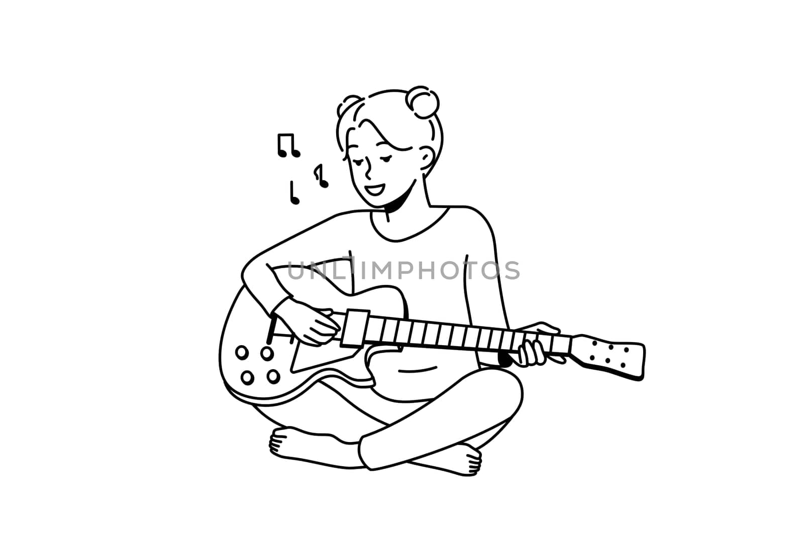 Smiling girl sit on floor playing guitar. Happy female enjoy musical lesson with instrument. Hobby and entertainment. Vector illustration.