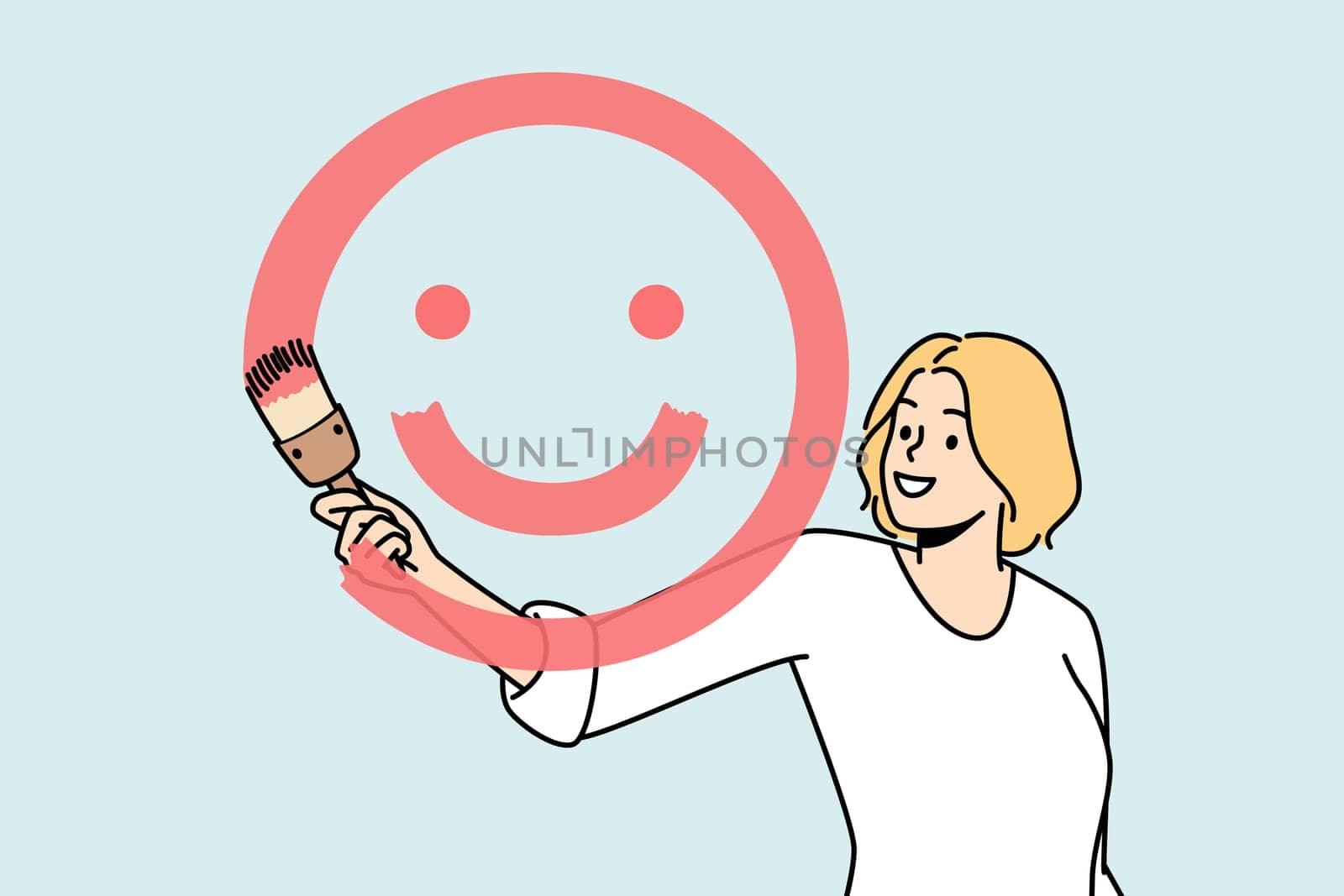 Girl paints smiling face with brush and red paint on glass in front of her. Blonde young woman spreading positive vibes, emotions. Painter have fun. Optimistic lady. Dont worry, be happy vector.