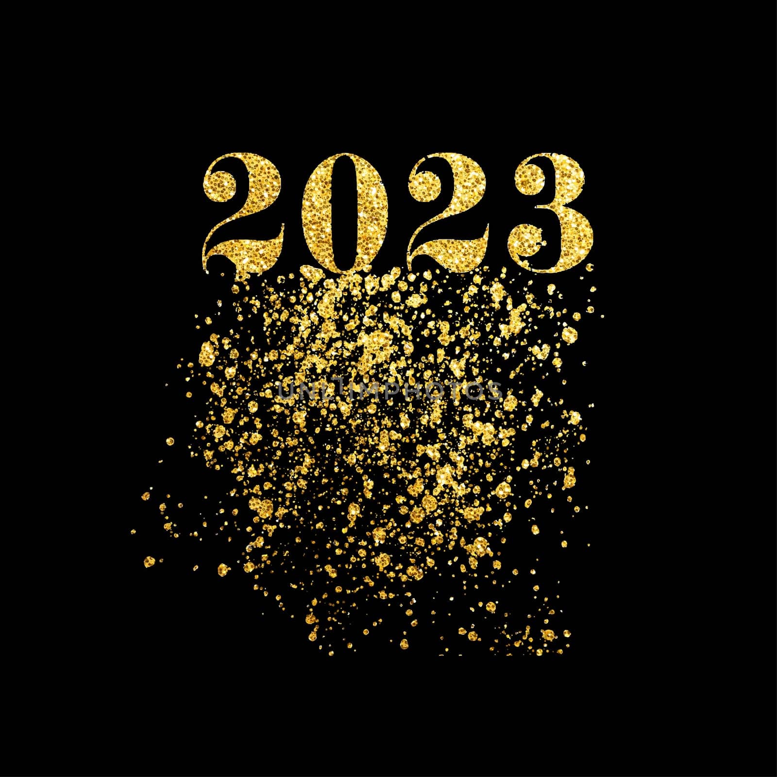 The year number 2023 with golden glitter on a black background, vector illustration