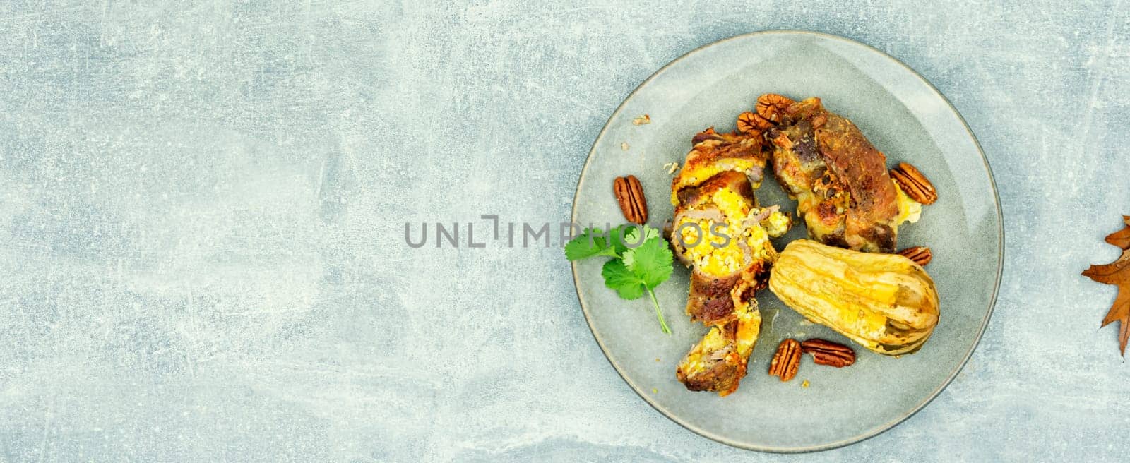 Tasty fried meat rolls stuffed with pumpkin. Autumn recipe.