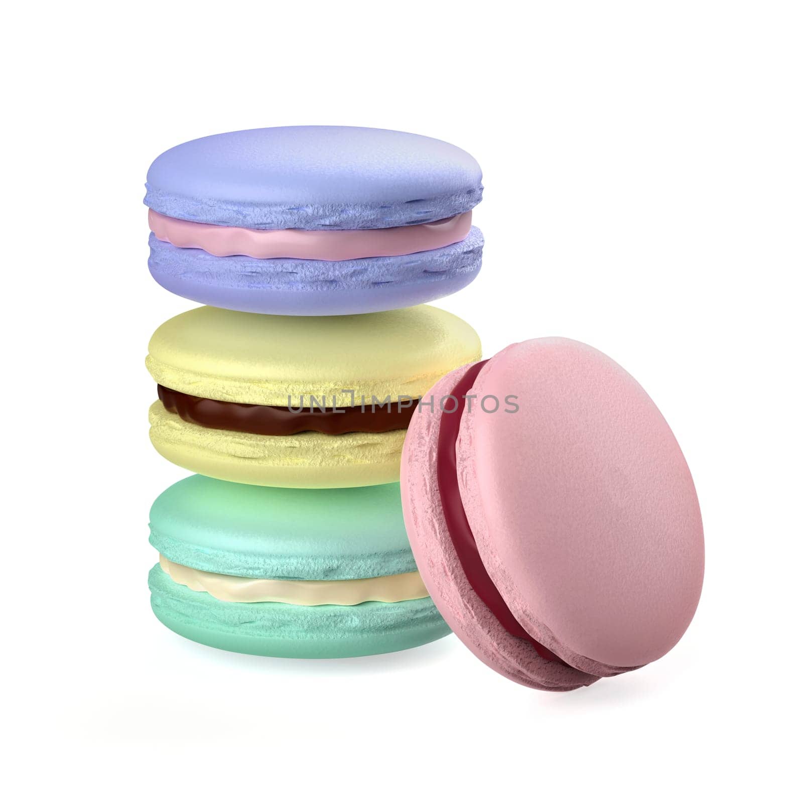 French macarons with different colors and flavors on white background