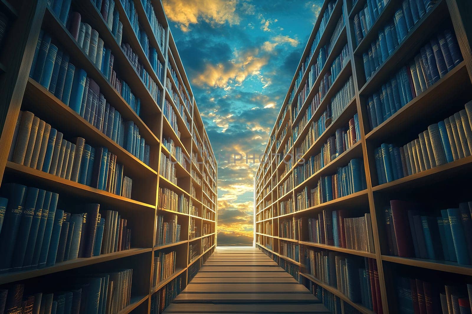 Library in the sky. The road to heaven is surrounded by tall shelves full of books.