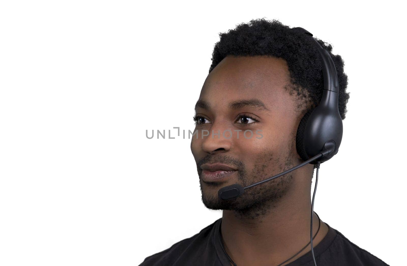 support center contact us helpline customer service assistant african man wearing headset microphone isolated on white background
