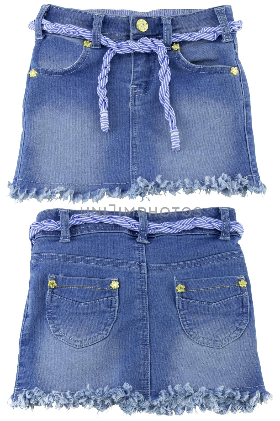 Jeans skirt. Close-up of sexy short blue jeans skirt with blue white linen twine and golden ornaments isolated on a white background. Denim fashion for girls.Front and back view.