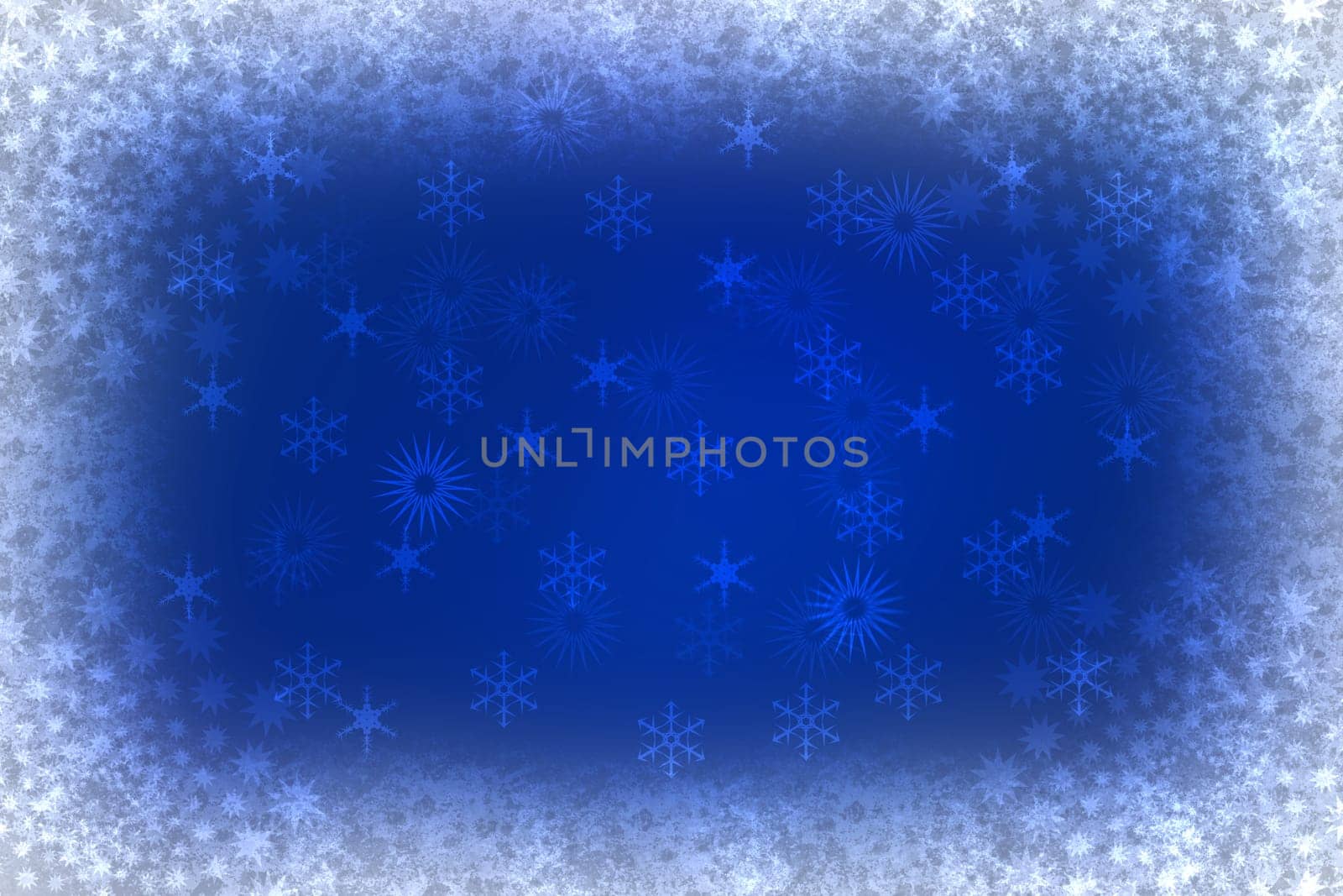 Christmas card template. Abstract festive natural blue white winter christmas background texture with blue and bokeh lighted snowflakes, stars and a frame. Beautiful card design.