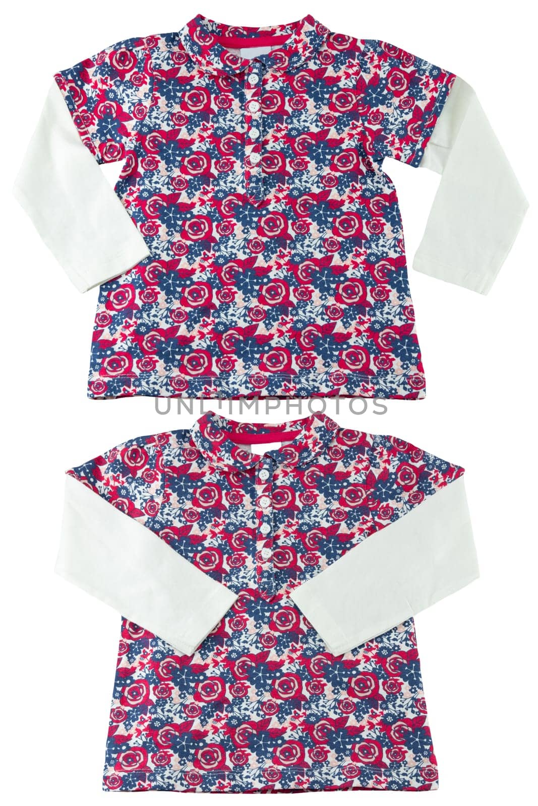 Children clothes. Two views of a fashionable little girl long-sleeved shirt with floral print isolated on a white background. Kids baby colorful T-shirt with red roses pattern.