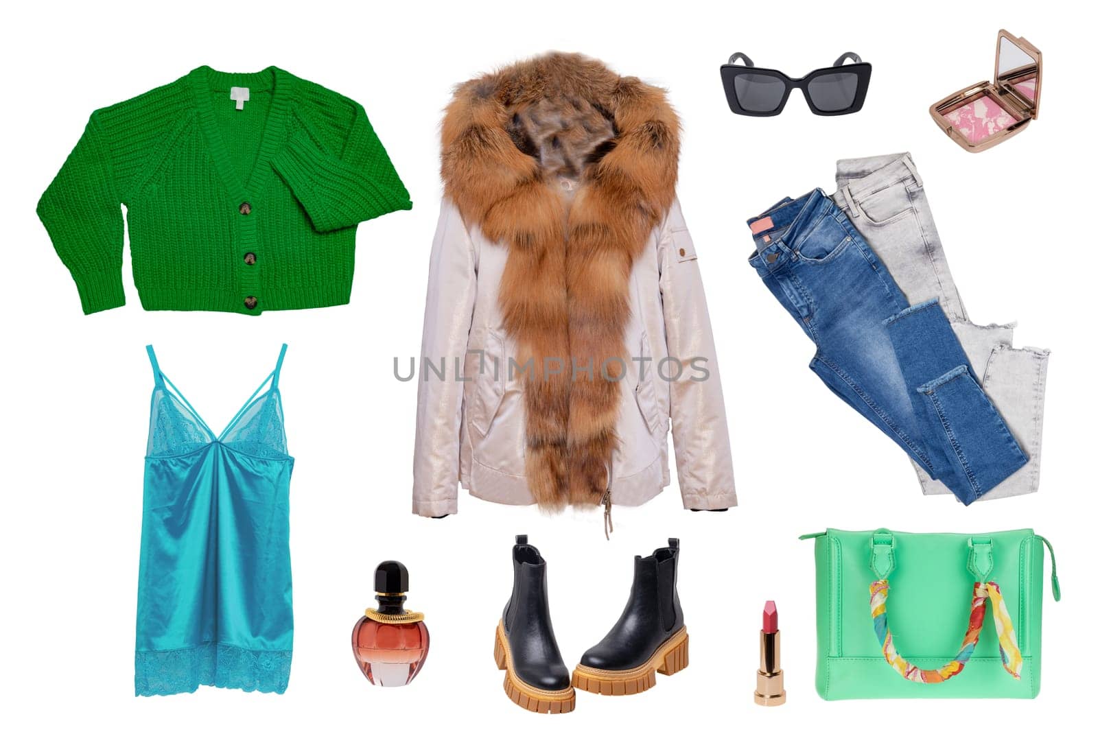 Collage woman clothing. Set of a stylish and luxurious winter jacket with fur, jeans, chelsea boots, cardigan, night gown or dress, handbag and and other accessories. Winter fashion. Isolated.
