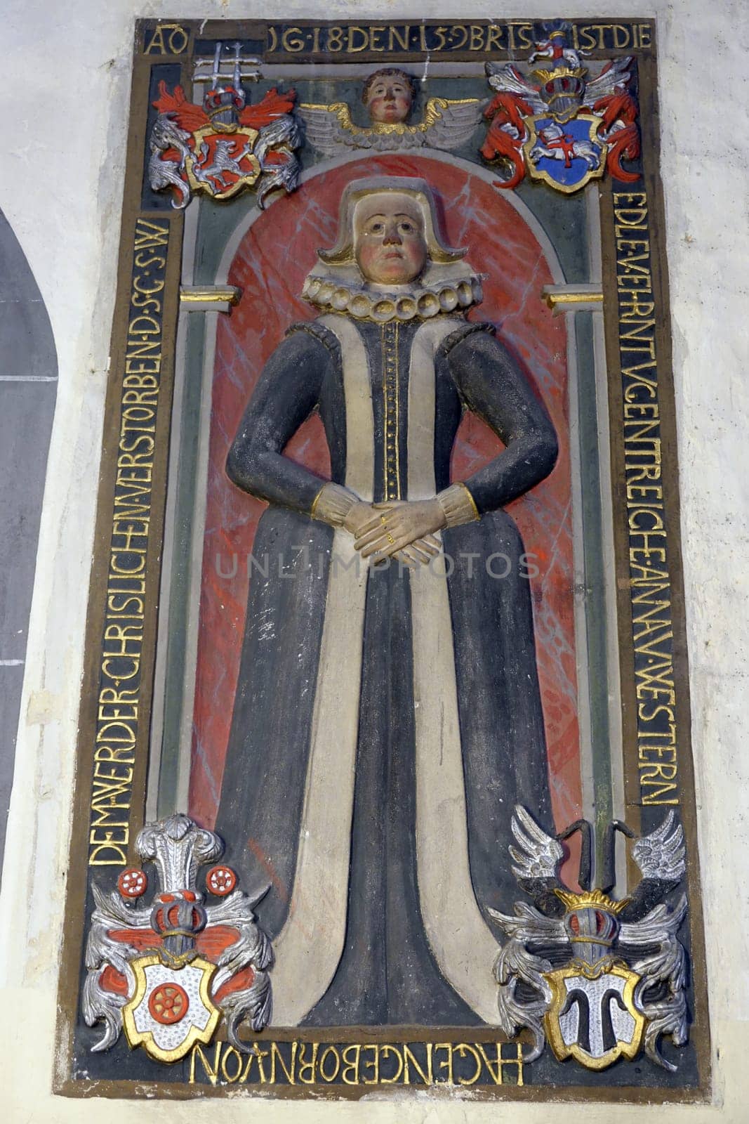 Innenansicht der evangelischen St. Blasius Kirche - Grabplatte der Anna von dem Werder, Niedersachsen, Deutschland, Hannoversch Münden