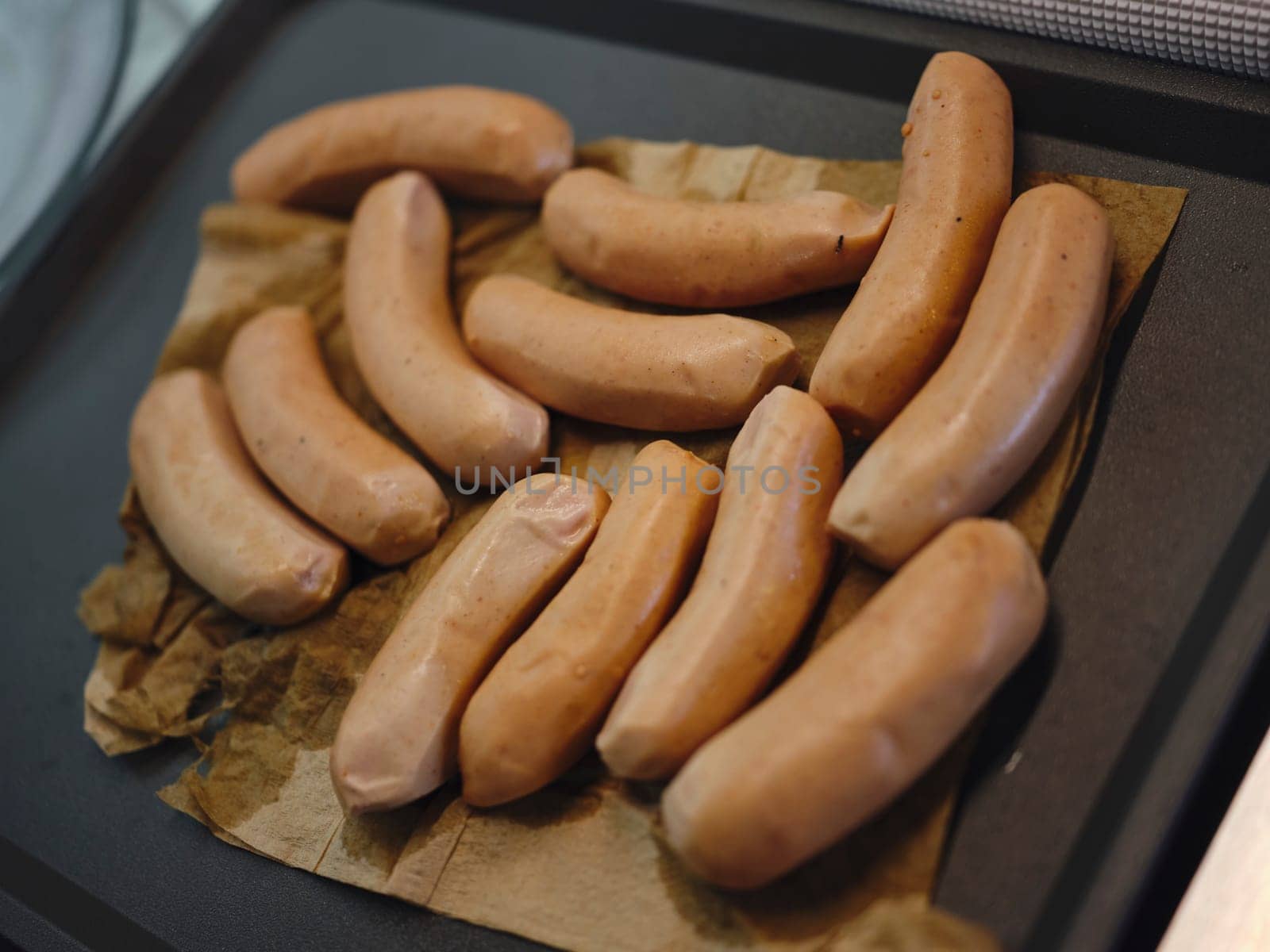 Close up view . Fresh boiled sausage home made