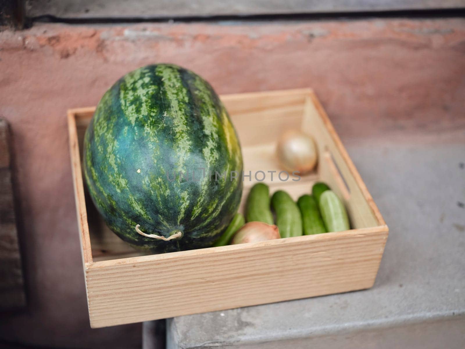 THAI market with various colorful fresh fruite and vegetables in wood box