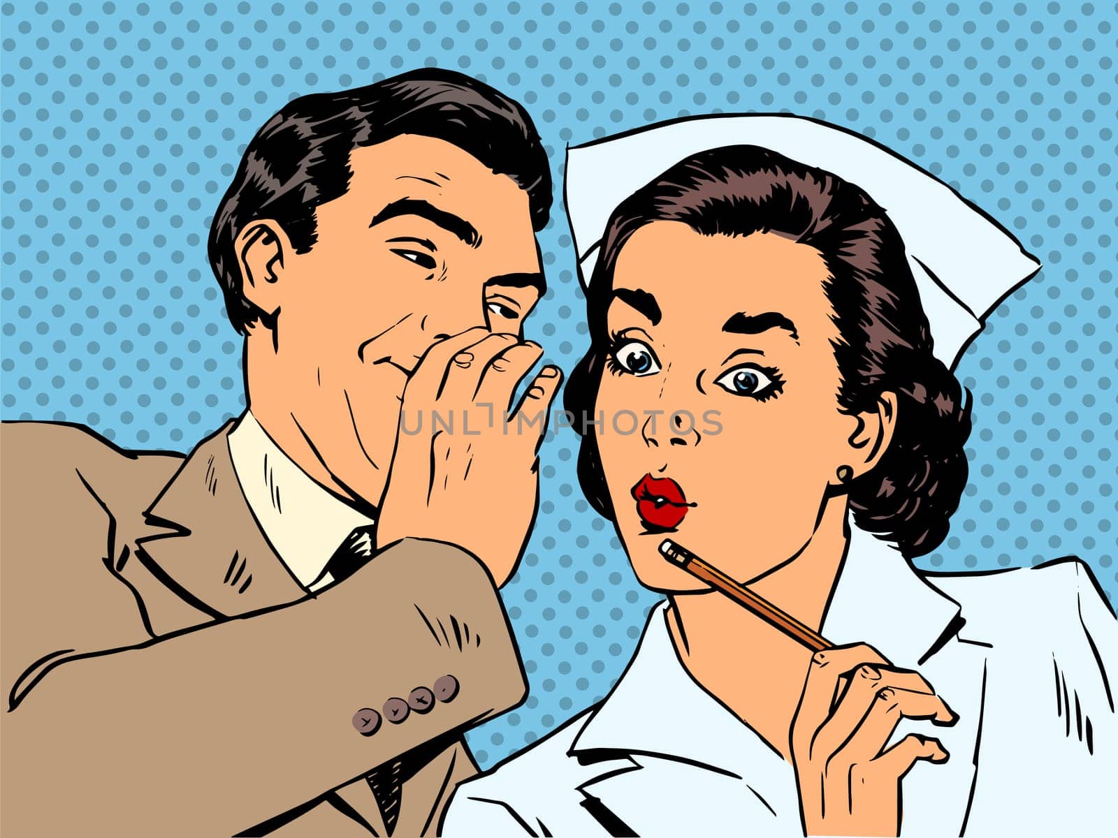 The diagnosis of the patient, nurse and male gossip surprise conversation flirting relationship doctor medicine health Halftone style art pop retro
