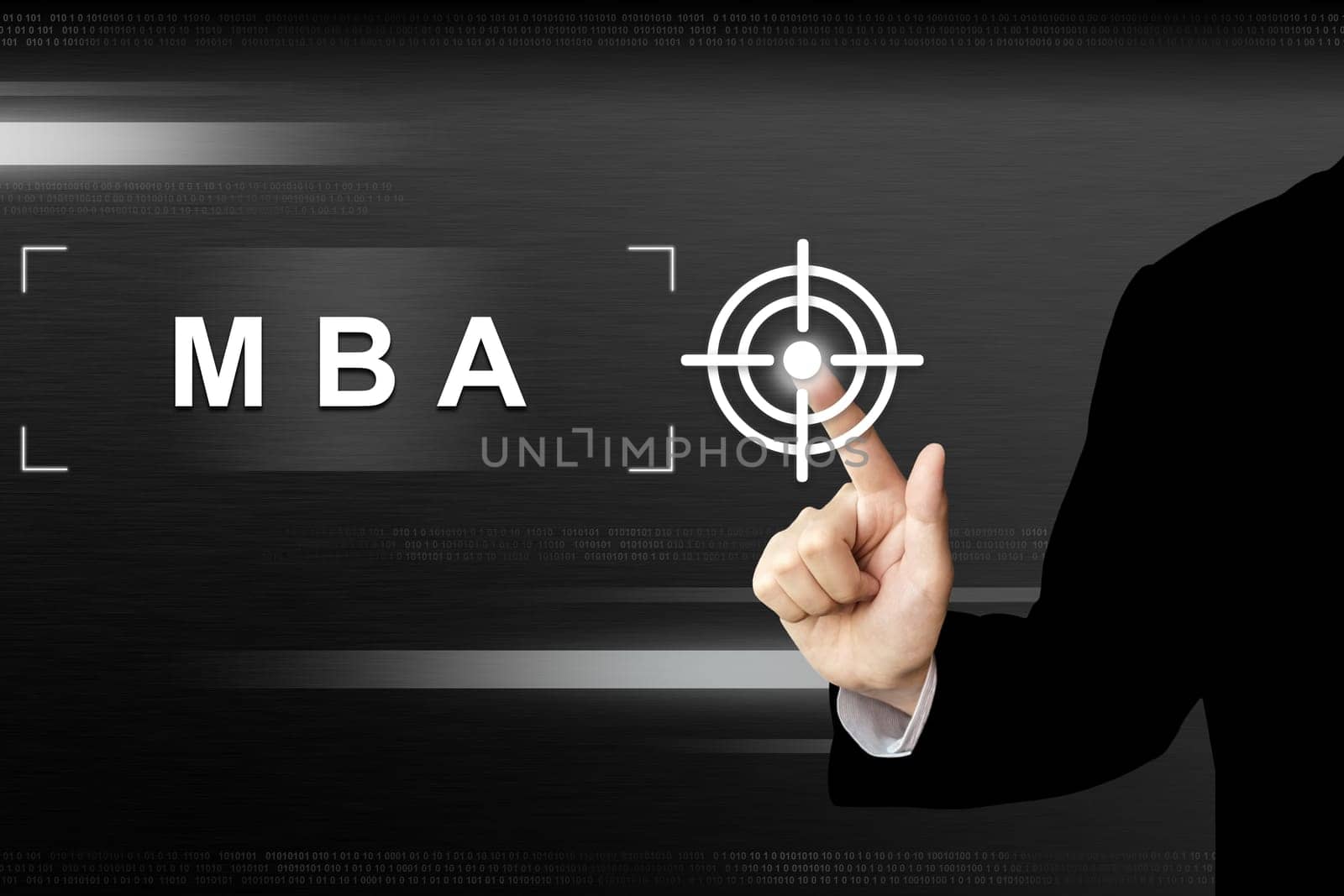 business hand clicking mba or Master of Business Administration button on a touch screen interface