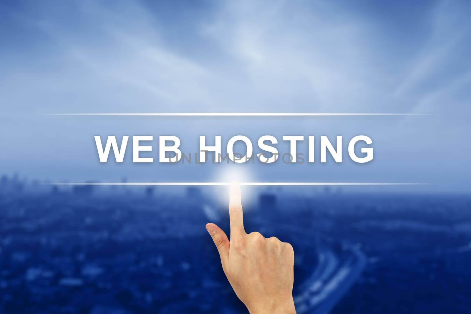 hand pushing web hosting button on a virtual screen interface