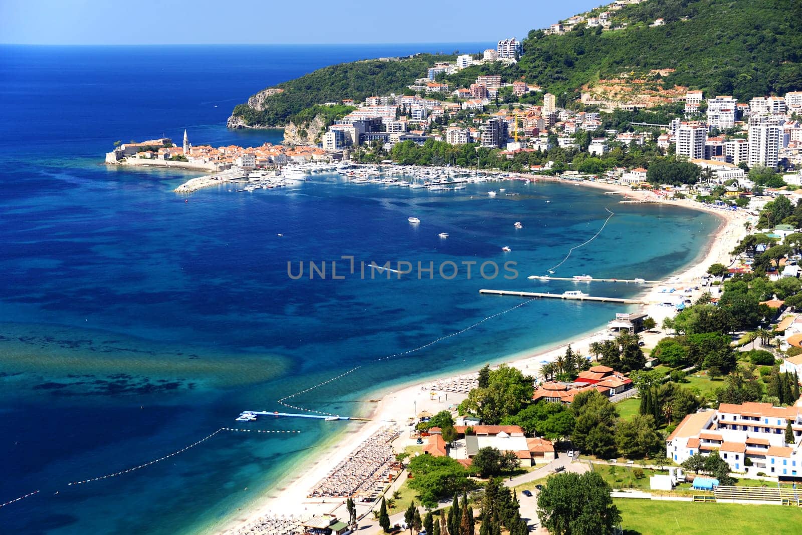 Aerial view of Budva, Montenegro on Adriatic coast.
