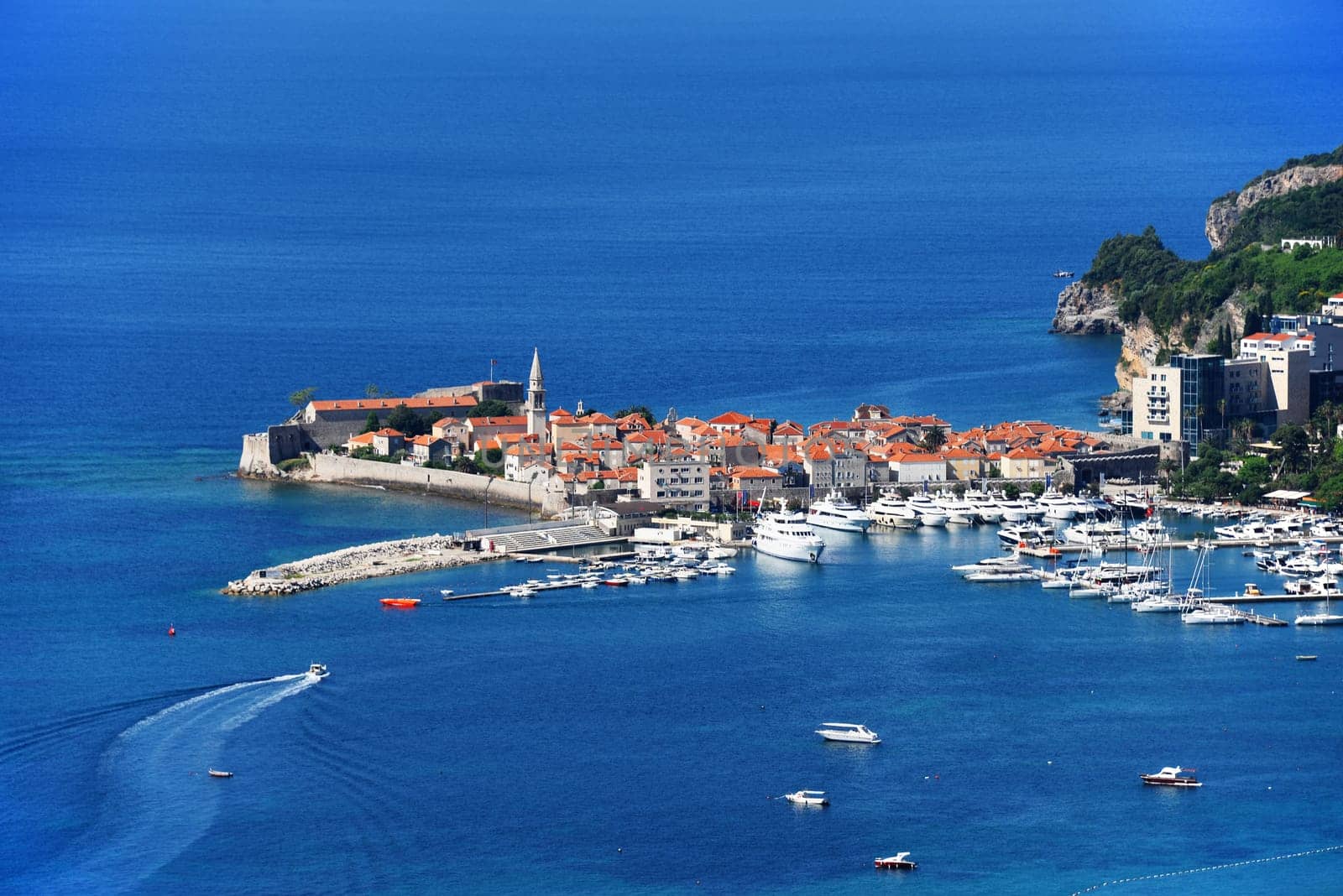 Aerial view of Budva, Montenegro on Adriatic coast.