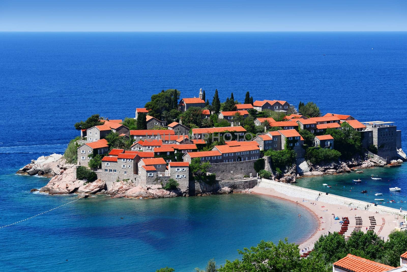 Sveti Stefan island near city of Budva, Montenegro on Adriatic coast.