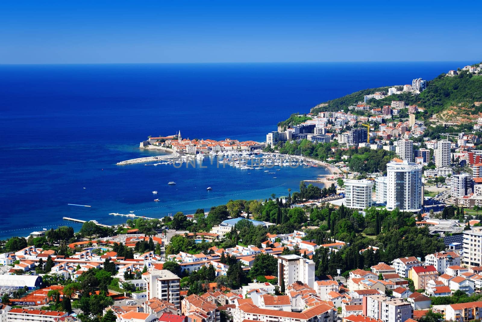 Aerial view of Budva, Montenegro on Adriatic coast.