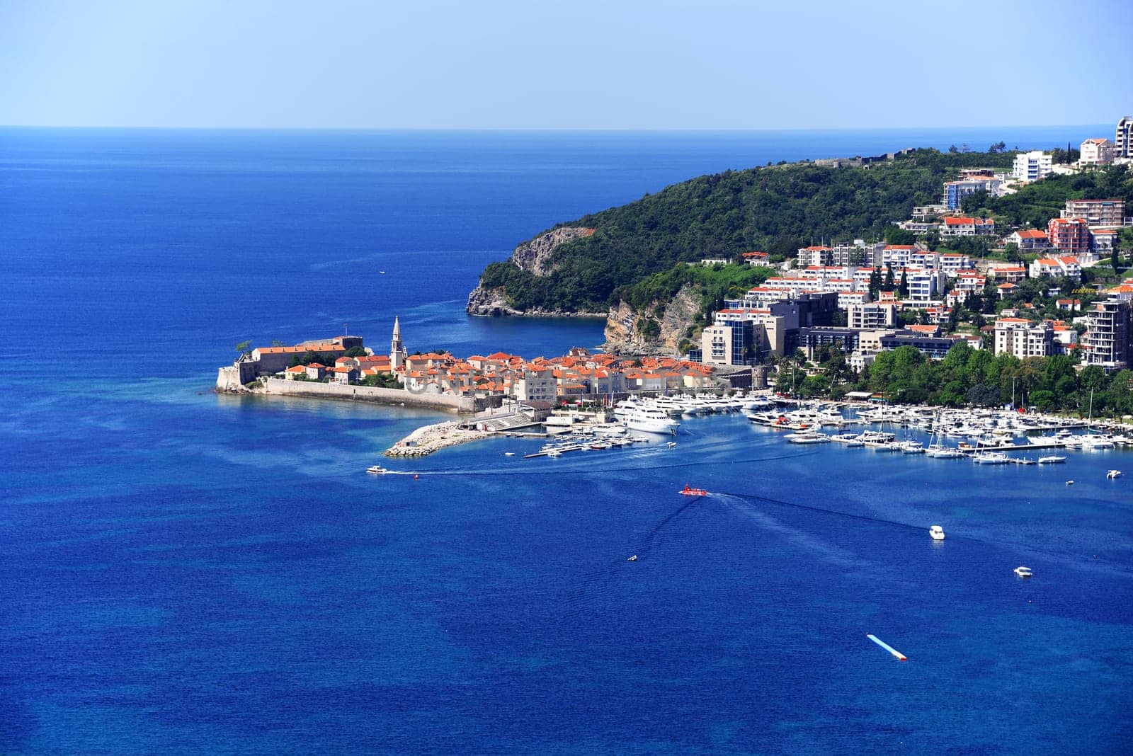 Aerial view of Budva, Montenegro on Adriatic coast.
