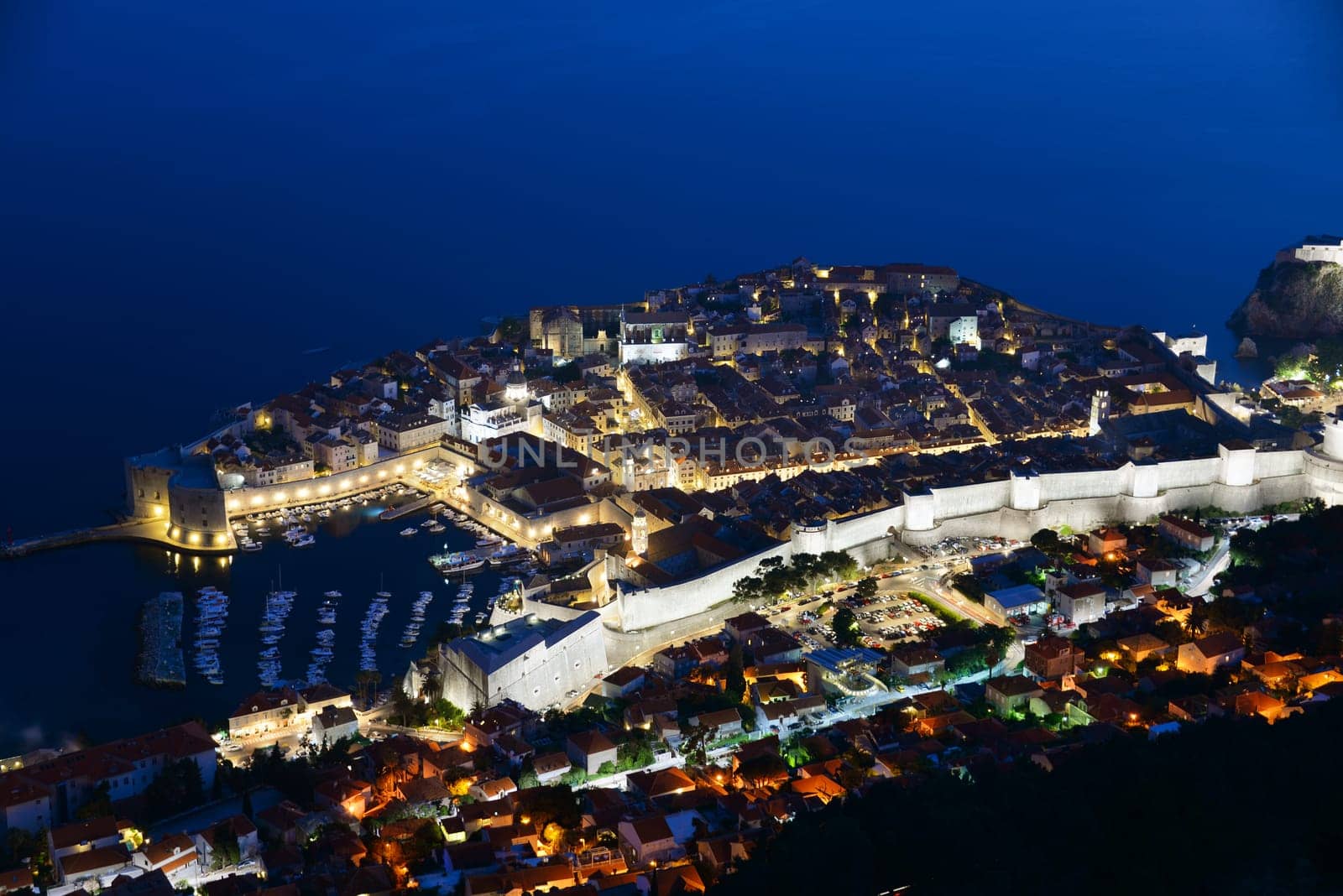 Aerial view of Dubrovnik, Croatia by night.