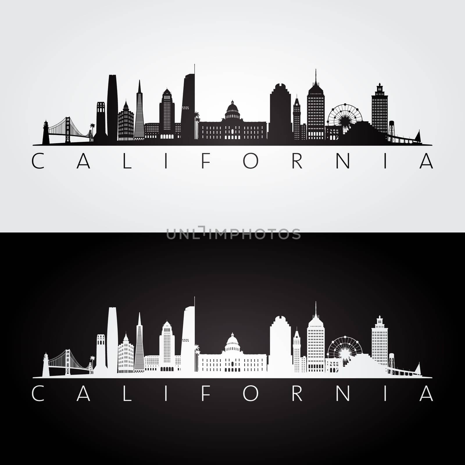 California state skyline and landmarks silhouette, black and white design. Vector illustration.