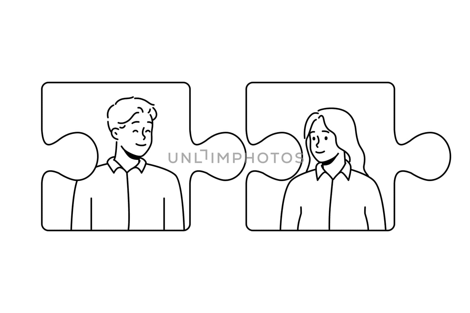 Jigsaw puzzles with man and woman connecting. Concept of couple connection and relationships. Love and affection. Vector illustration.